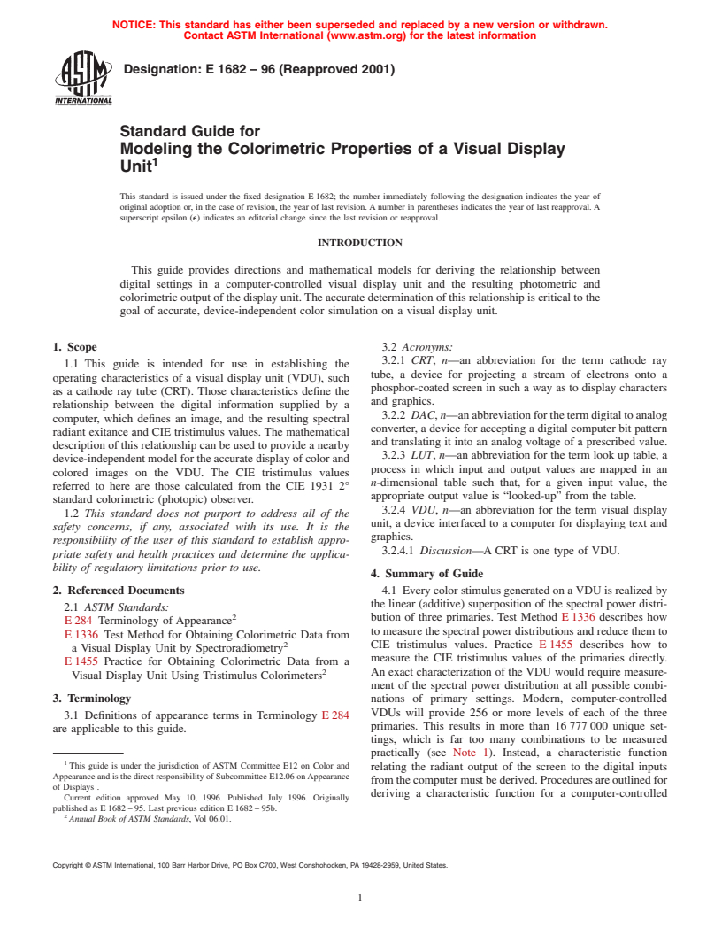 ASTM E1682-96(2001) - Standard Guide for Modeling the Colorimetric Properties of a Visual Display Unit