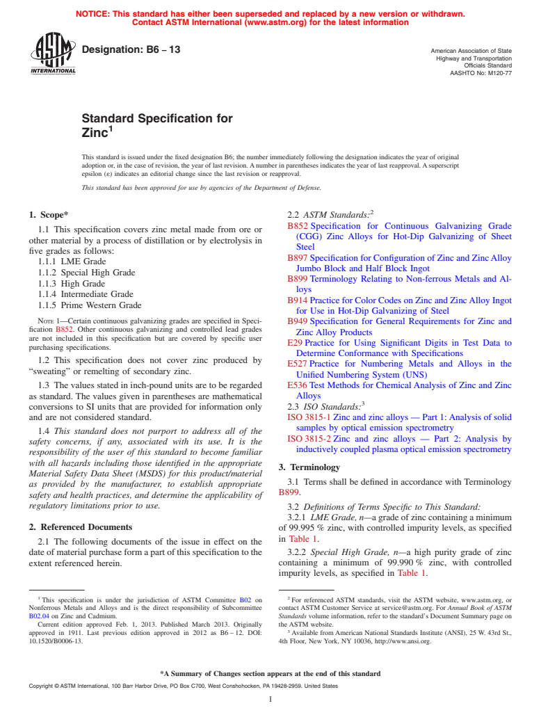 ASTM B6-13 - Standard Specification for Zinc