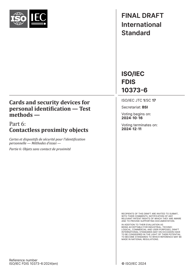 Standard Identification Code Method 1 ISO/IEC 10373-6 - Cards and security devices for personal ...