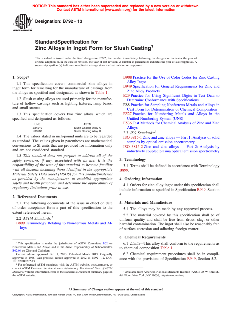 ASTM B792-13 - Standard Specification for Zinc Alloys in Ingot Form for Slush Casting