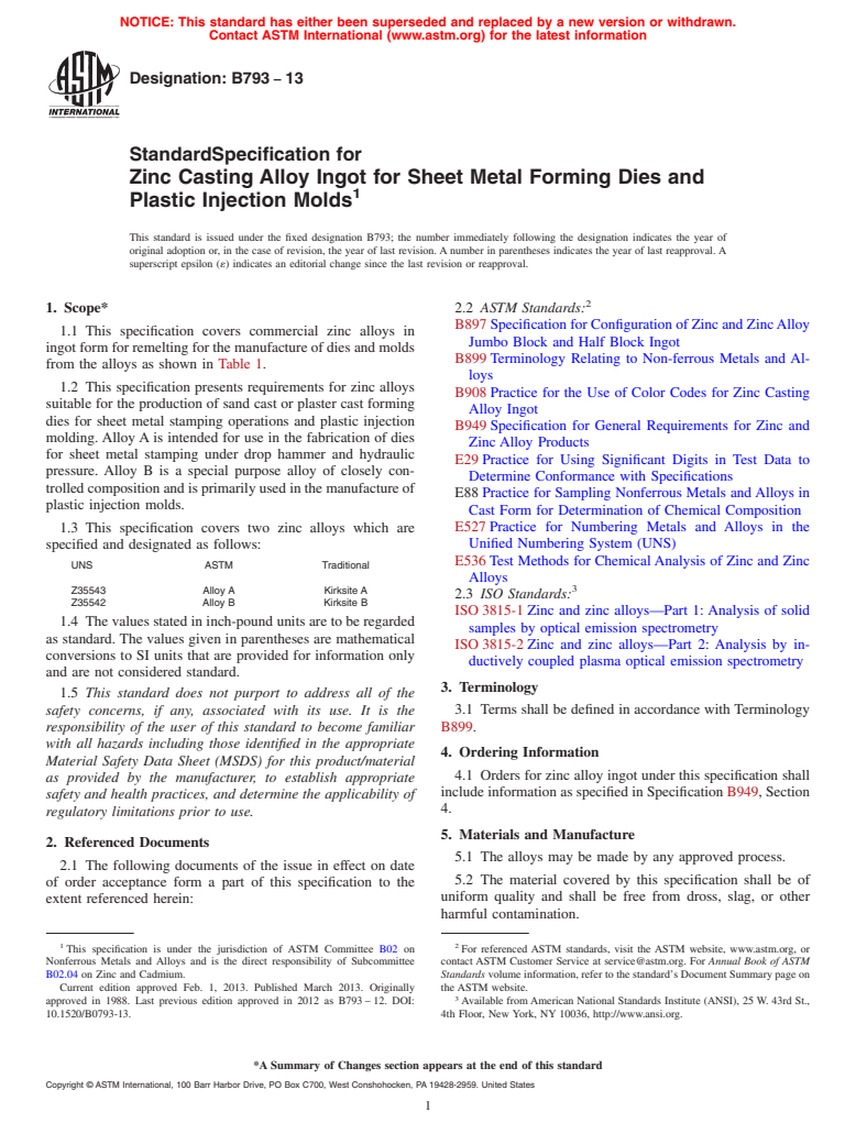 ASTM B793-13 - Standard Specification for Zinc Casting Alloy Ingot for Sheet Metal Forming Dies and Plastic   Injection   Molds