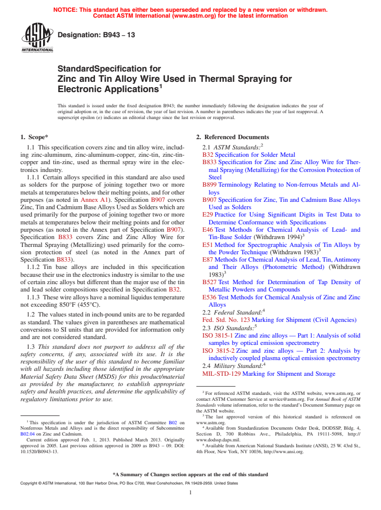 ASTM B943-13 - Standard Specification for Zinc and Tin Alloy Wire Used in Thermal Spraying for Electronic  Applications