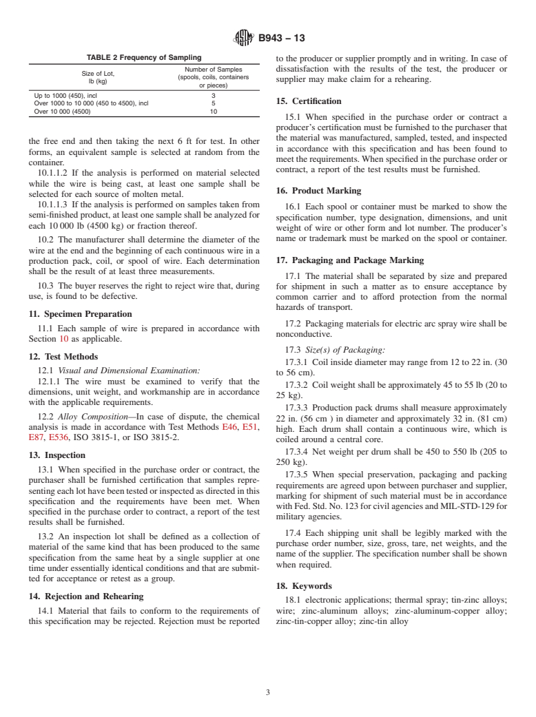 ASTM B943-13 - Standard Specification for Zinc and Tin Alloy Wire Used in Thermal Spraying for Electronic  Applications