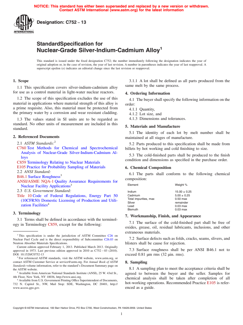 ASTM C752-13 - Standard Specification for  Nuclear-Grade Silver-Indium-Cadmium Alloy