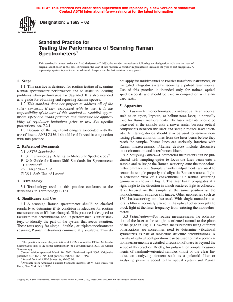 ASTM E1683-02 - Standard Practice for Testing the Performance of Scanning Raman Spectrometers