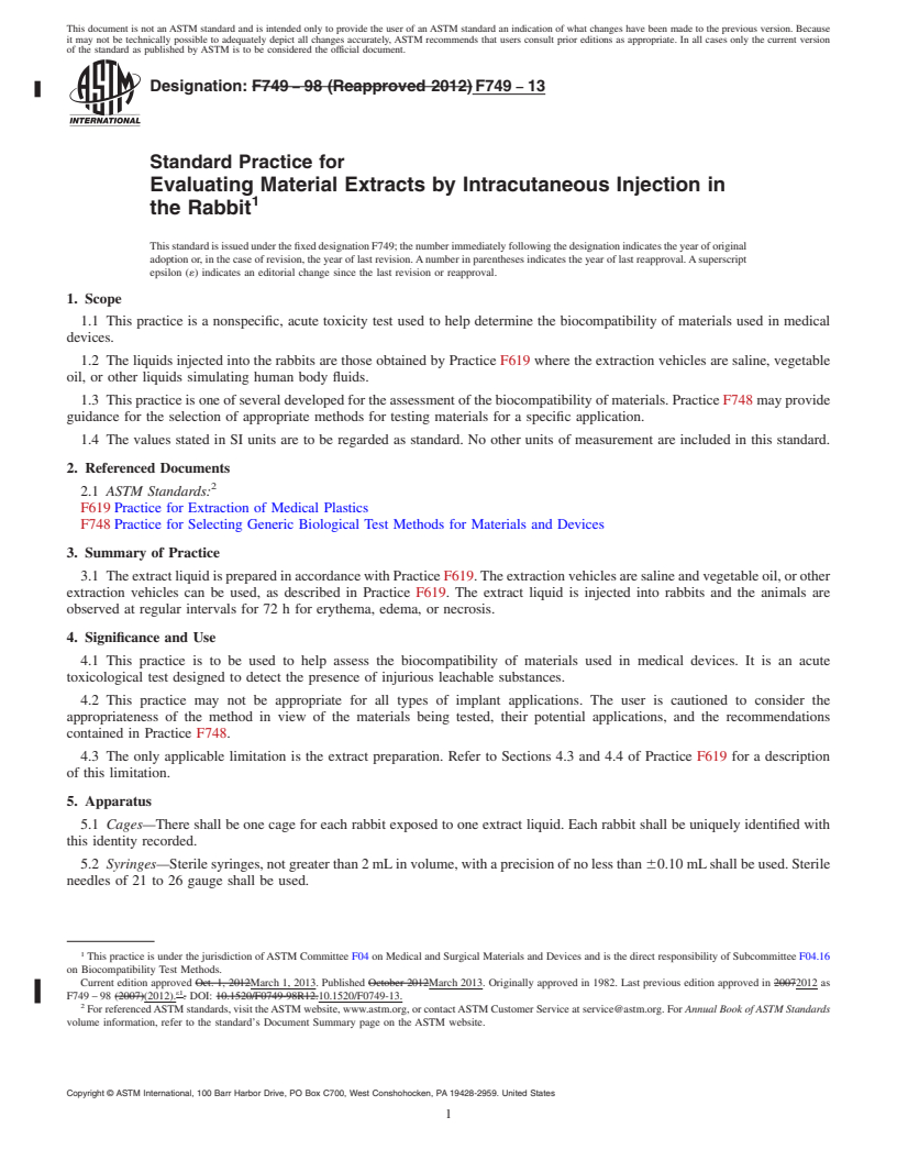 REDLINE ASTM F749-13 - Standard Practice for  Evaluating Material Extracts by Intracutaneous Injection in  the Rabbit