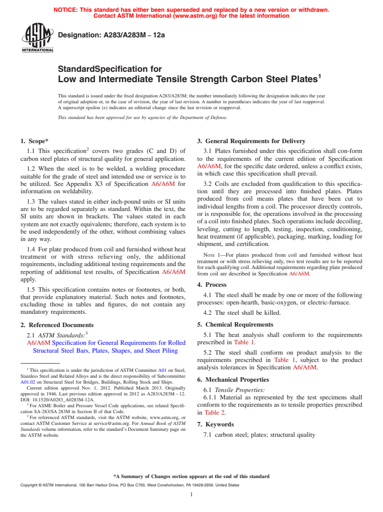 ASTM A283/A283M-12a - Standard Specification for  Low and Intermediate Tensile Strength Carbon Steel Plates