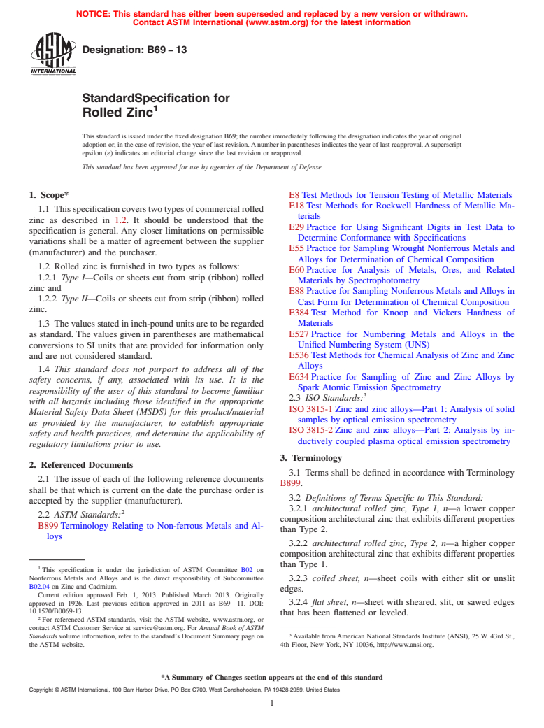 ASTM B69-13 - Standard Specification for Rolled Zinc