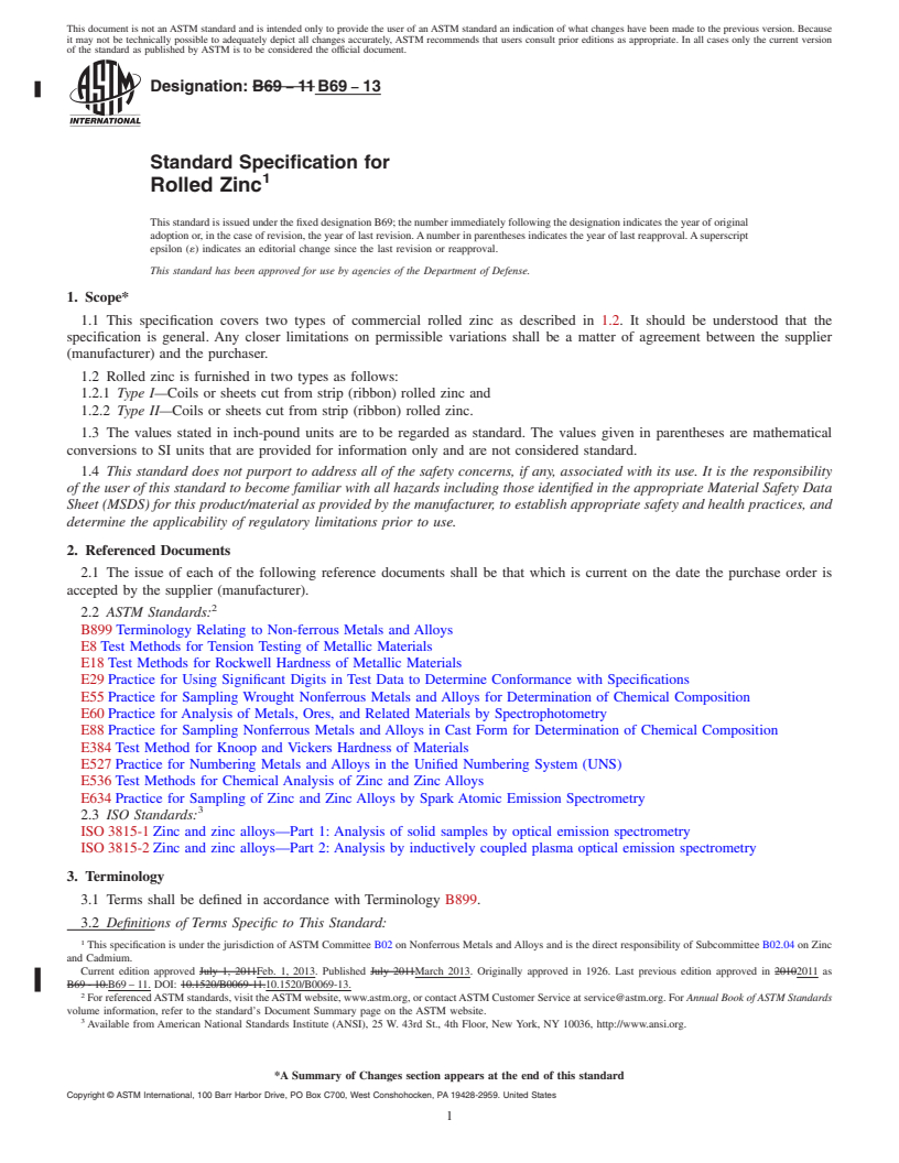 REDLINE ASTM B69-13 - Standard Specification for Rolled Zinc