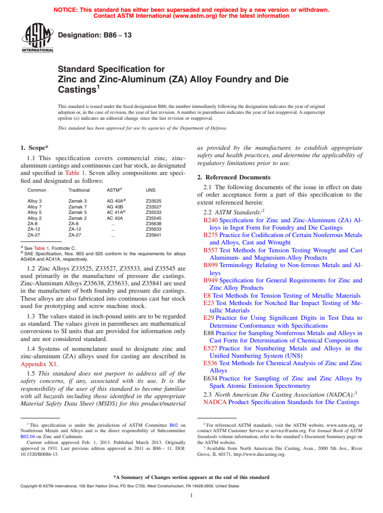 ASTM B86-13 - Standard Specification for Zinc and Zinc-Aluminum (ZA) Alloy Foundry and Die Castings