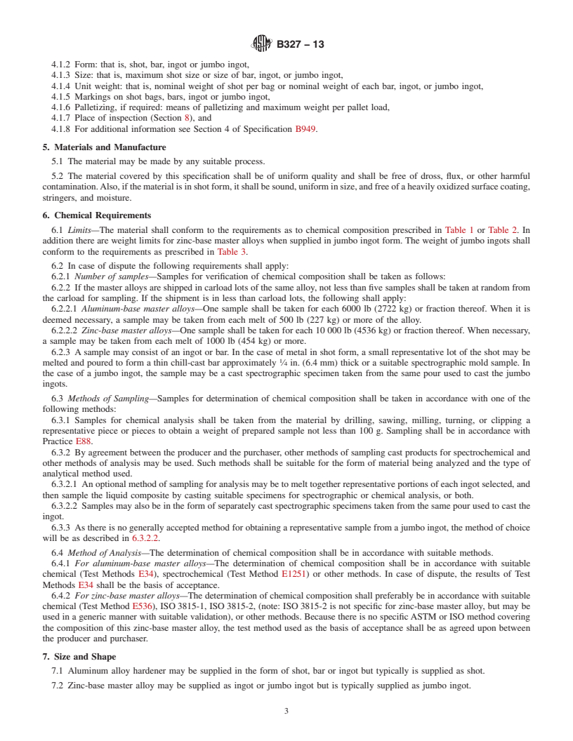 REDLINE ASTM B327-13 - Standard Specification for Master Alloys Used in Making Zinc Die Casting Alloys