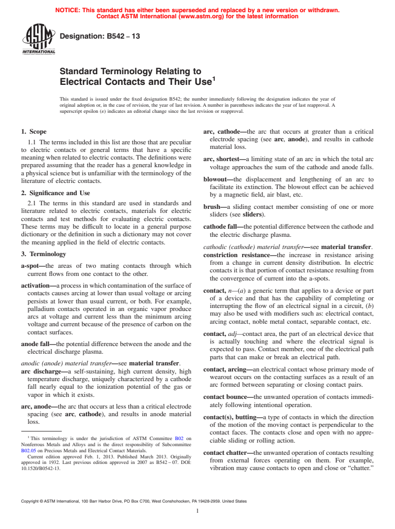 ASTM B542-13 - Standard Terminology Relating to Electrical Contacts and Their Use