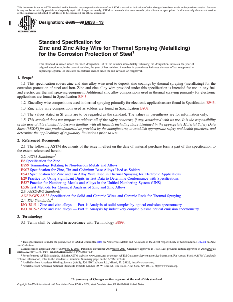 REDLINE ASTM B833-13 - Standard Specification for Zinc and Zinc Alloy Wire for Thermal Spraying (Metallizing)  for the Corrosion Protection of Steel