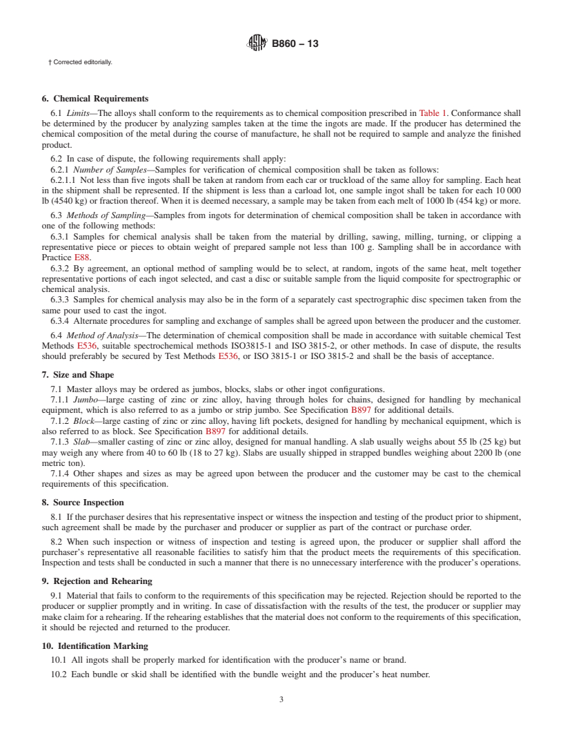 REDLINE ASTM B860-13 - Standard Specification for Zinc Master Alloys for Use in Hot Dip Galvanizing