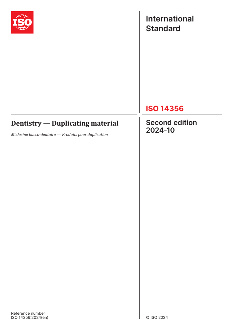 ISO 14356:2024 - Dentistry — Duplicating material
Released:16. 10. 2024