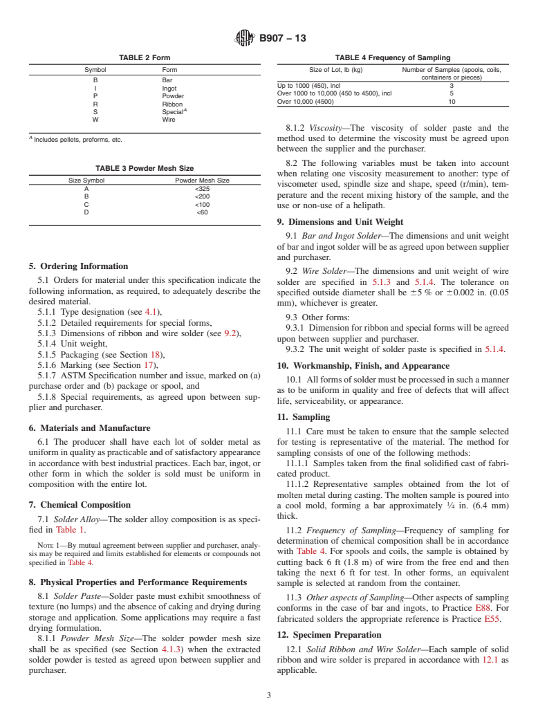 ASTM B907-13 - Standard Specification for Zinc, Tin and Cadmium Base Alloys Used as Solders