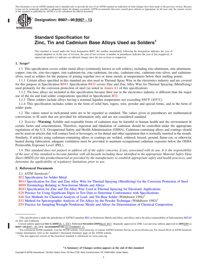 REDLINE ASTM B907-13 - Standard Specification for Zinc, Tin and Cadmium Base Alloys Used as Solders