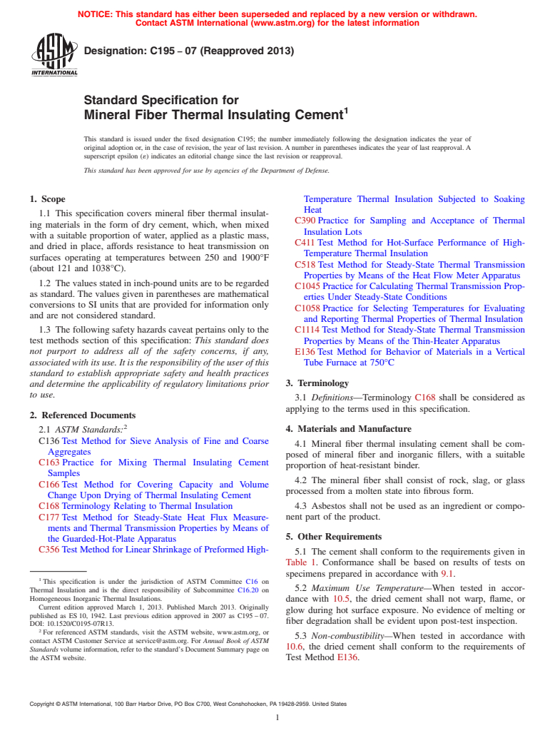 ASTM C195-07(2013) - Standard Specification for  Mineral Fiber Thermal Insulating Cement