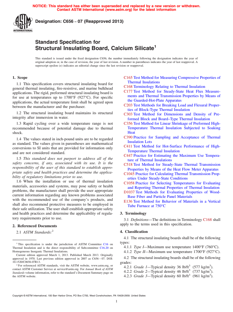 ASTM C656-07(2013) - Standard Specification for  Structural Insulating Board, Calcium Silicate