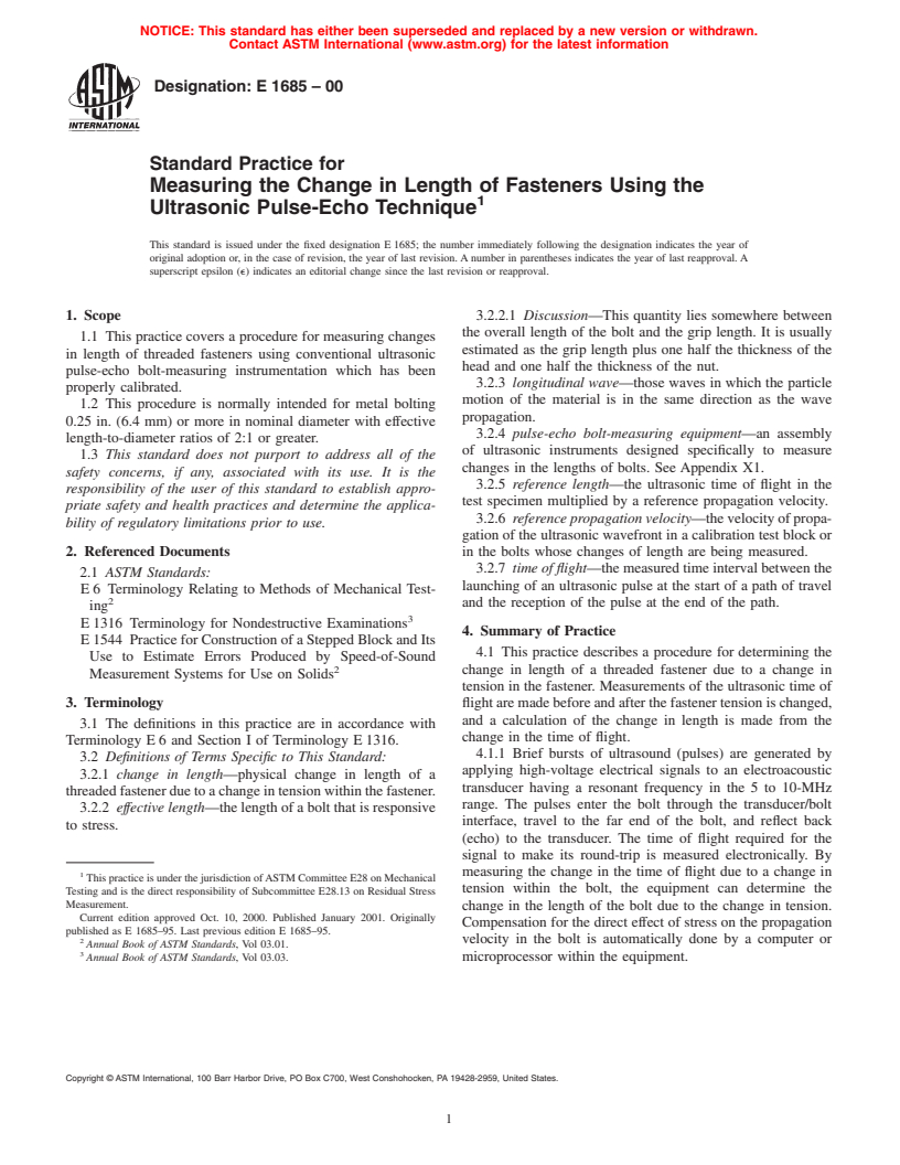 ASTM E1685-00 - Standard Practice for Measuring the Change in Length of Fasteners Using the Ultrasonic Pulse-Echo Technique