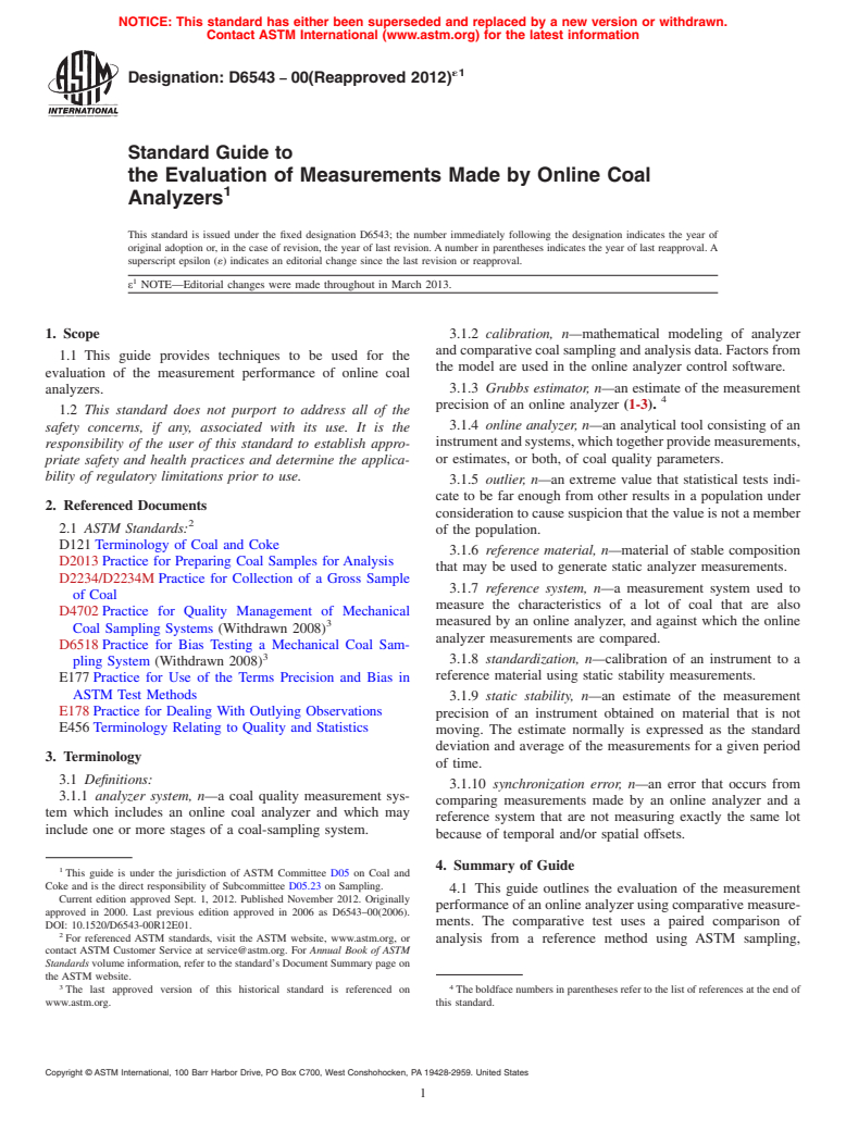 ASTM D6543-00(2012)e1 - Standard Guide to  the Evaluation of Measurements Made by Online Coal Analyzers