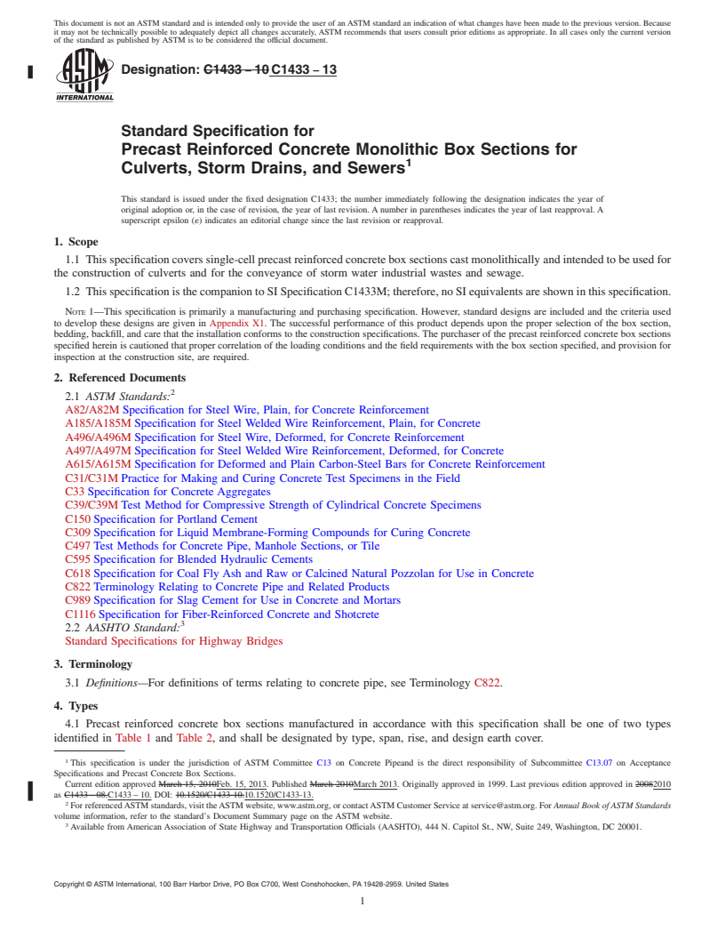 REDLINE ASTM C1433-13 - Standard Specification for  Precast Reinforced Concrete Monolithic Box Sections for Culverts,   Storm Drains, and Sewers