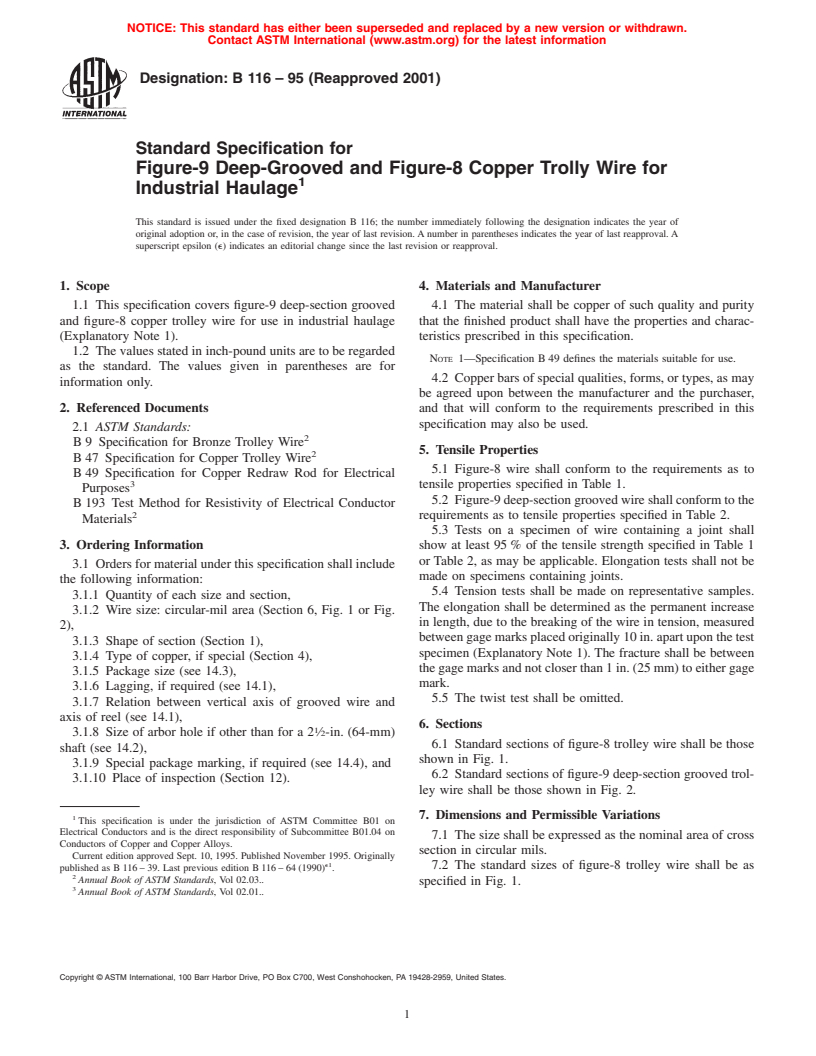 ASTM B116-95(2001) - Standard Specification for Figure-9 Deep-Grooved and Figure-8 Copper Trolly Wire for Industrial Haulage