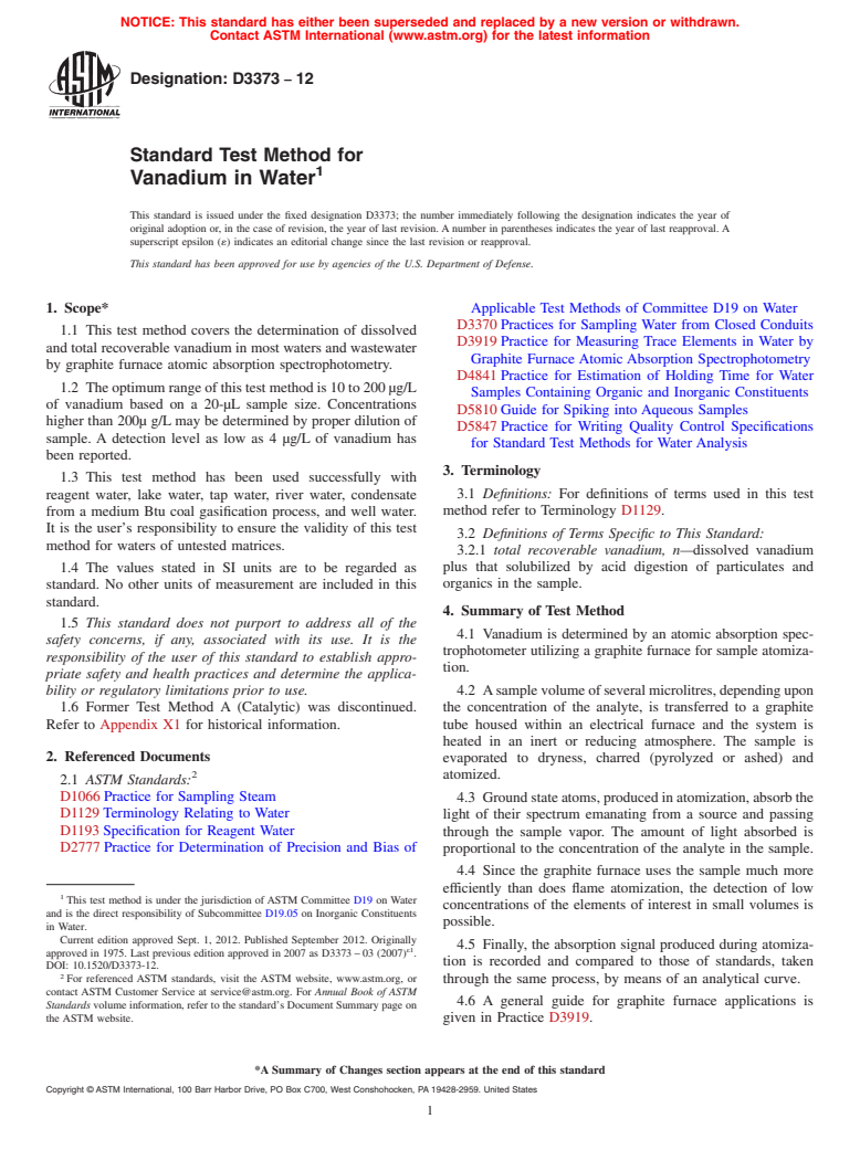 ASTM D3373-12 - Standard Test Method for  Vanadium in Water