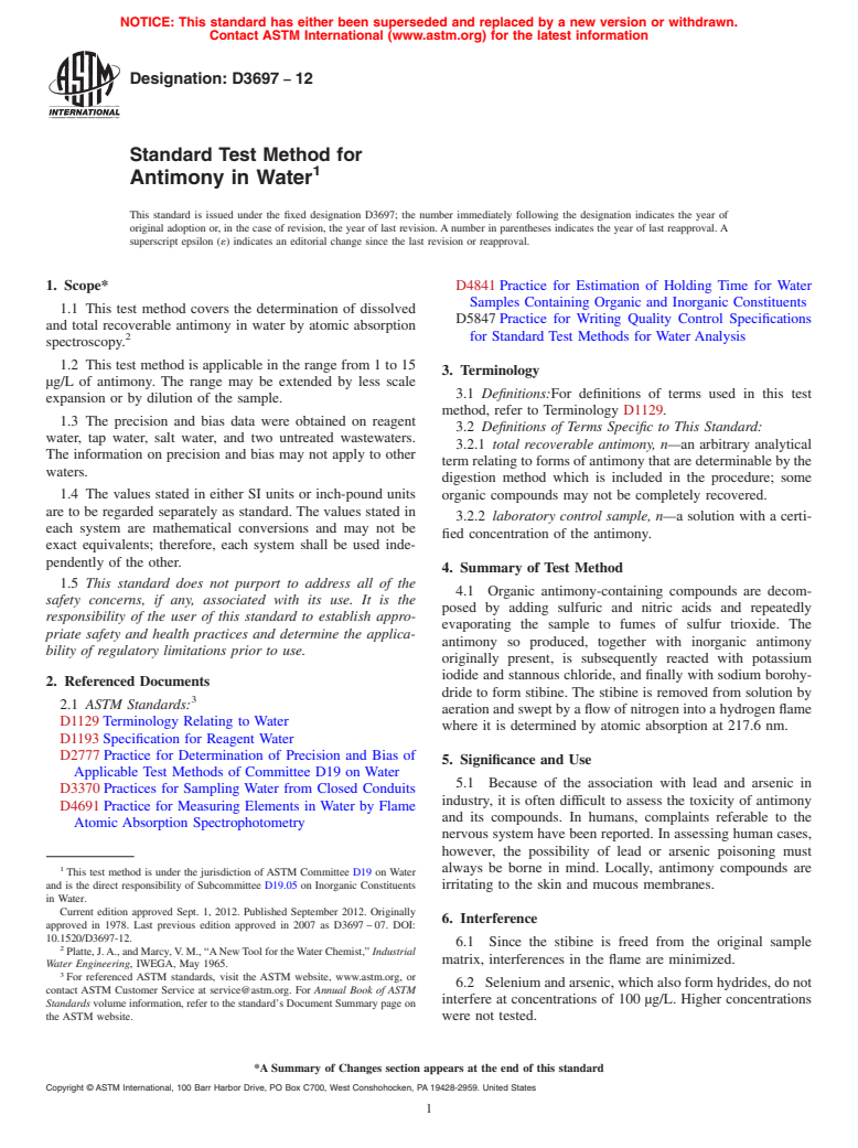 ASTM D3697-12 - Standard Test Method for  Antimony in Water