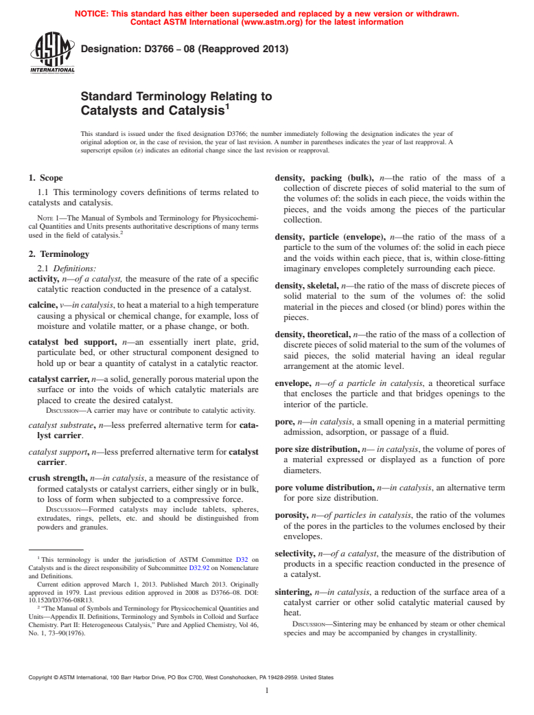 ASTM D3766-08(2013) - Standard Terminology Relating to  Catalysts and Catalysis