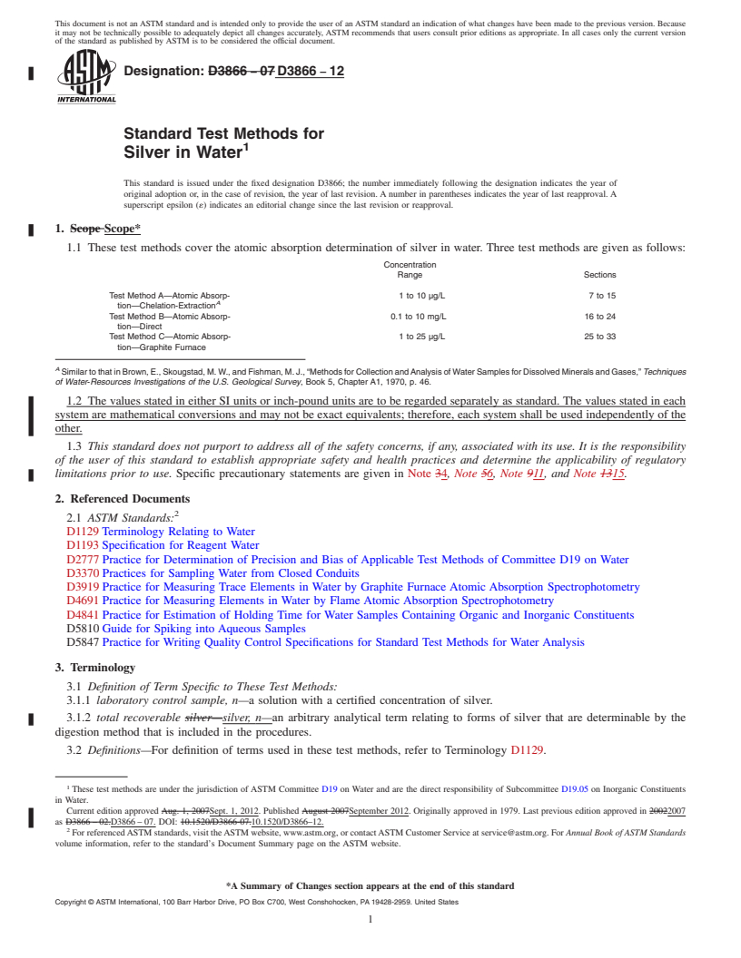 REDLINE ASTM D3866-12 - Standard Test Methods for  Silver in Water