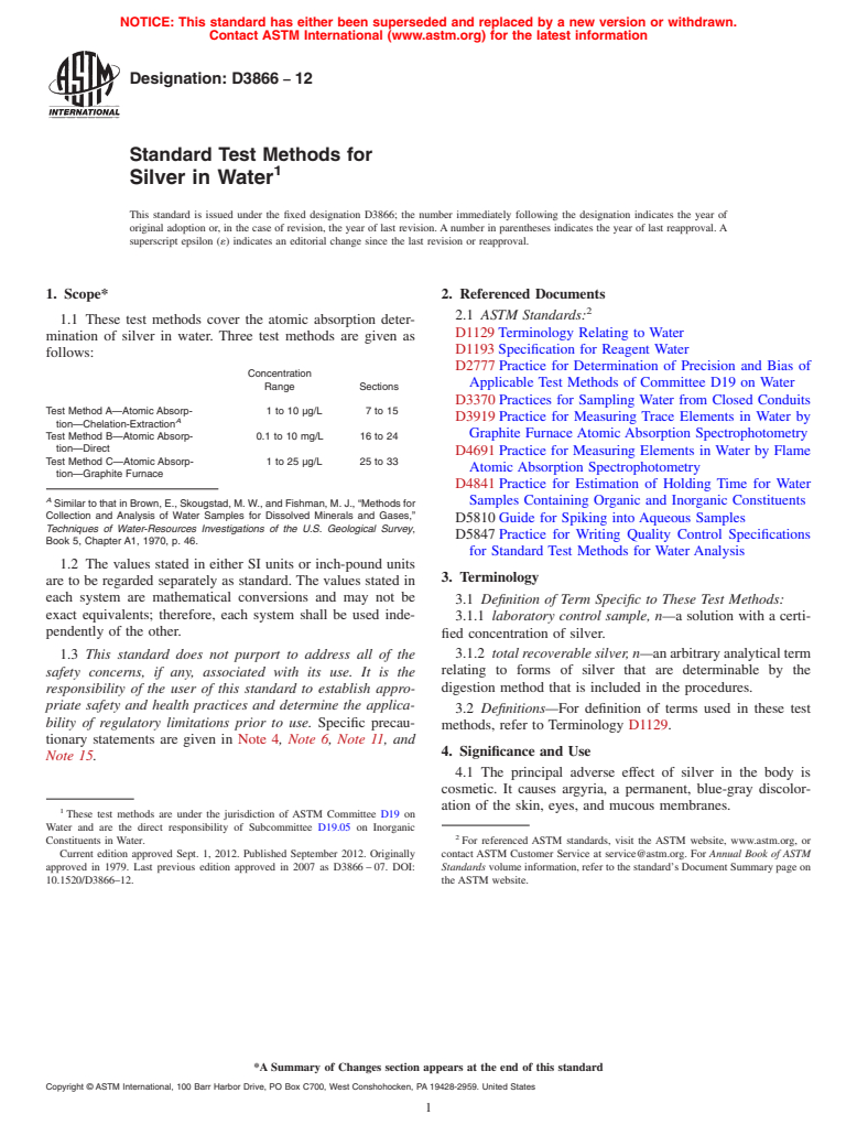 ASTM D3866-12 - Standard Test Methods for  Silver in Water