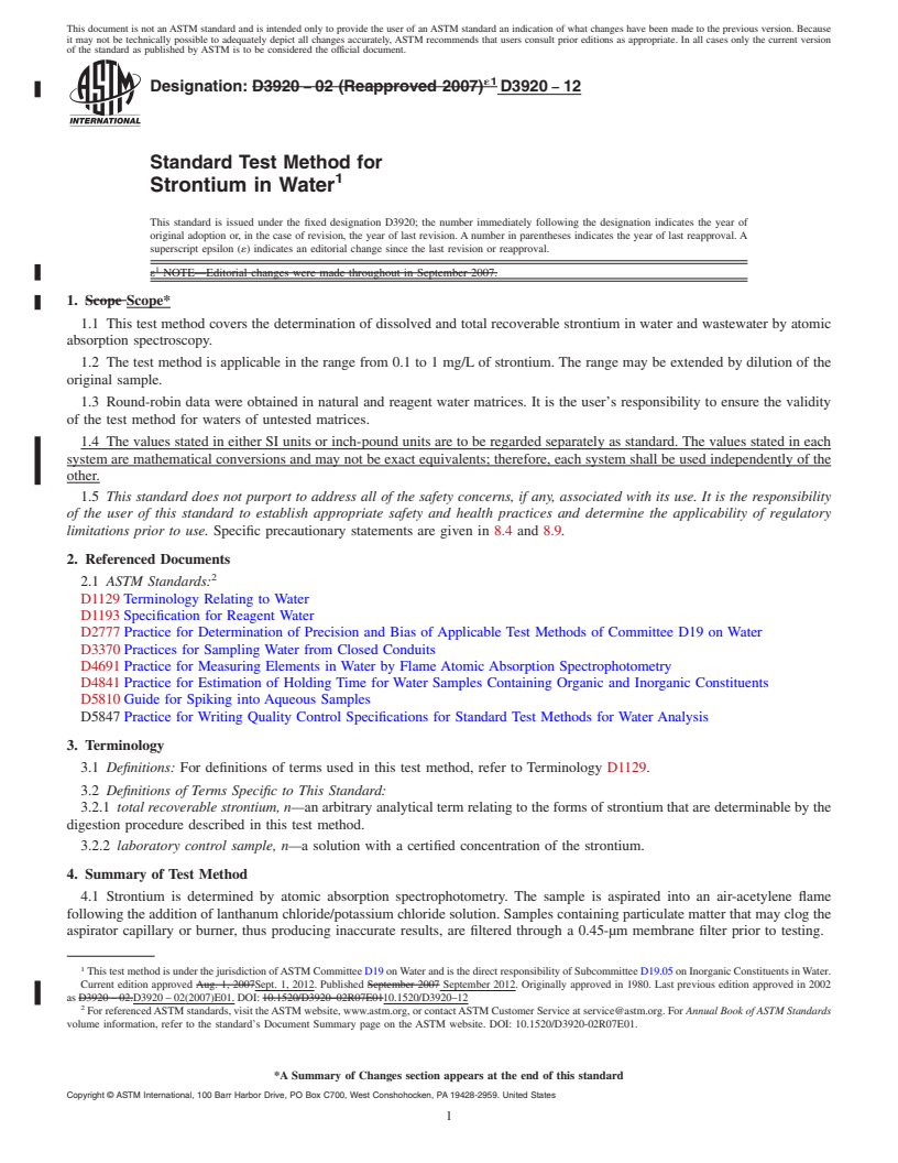 REDLINE ASTM D3920-12 - Standard Test Method for  Strontium in Water