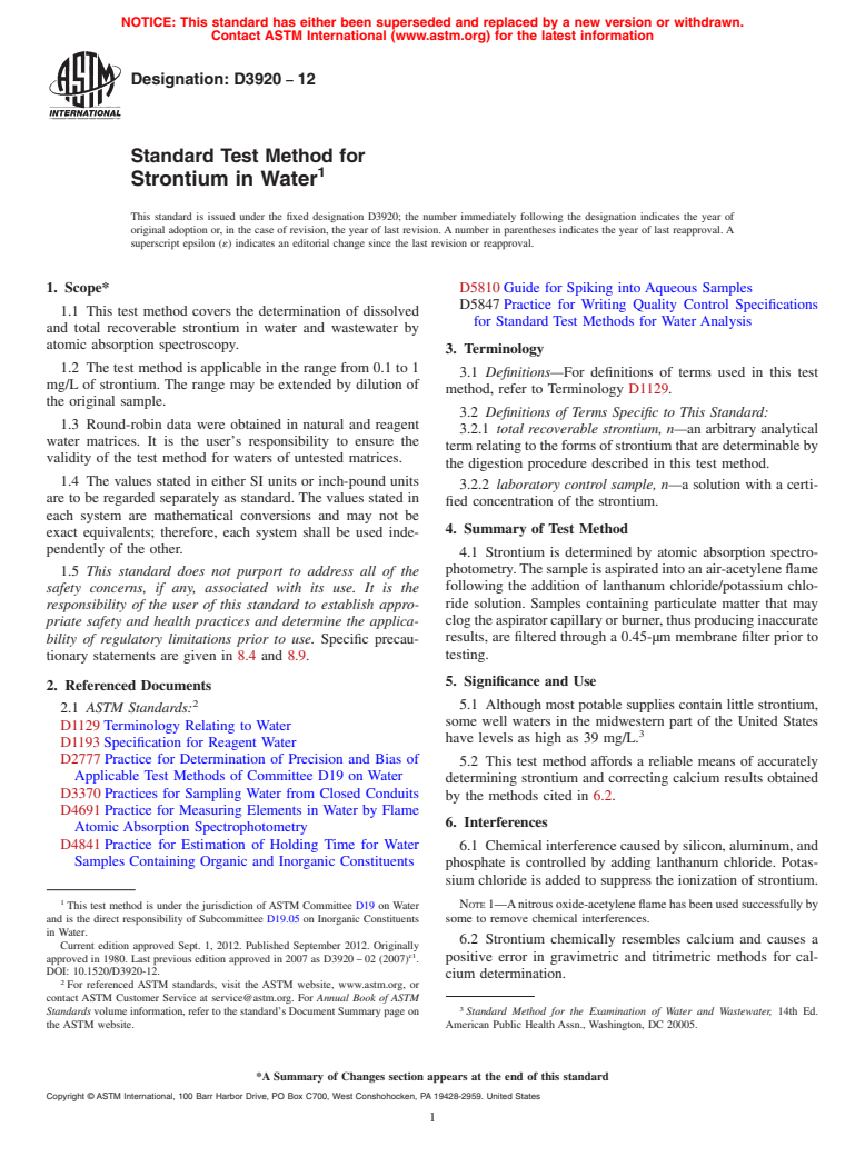 ASTM D3920-12 - Standard Test Method for  Strontium in Water
