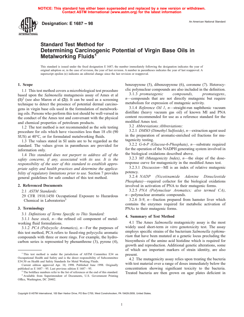 ASTM E1687-98 - Standard Test Method for Determining Carcinogenic Potential of Virgin Base Oils in Metalworking Fluids