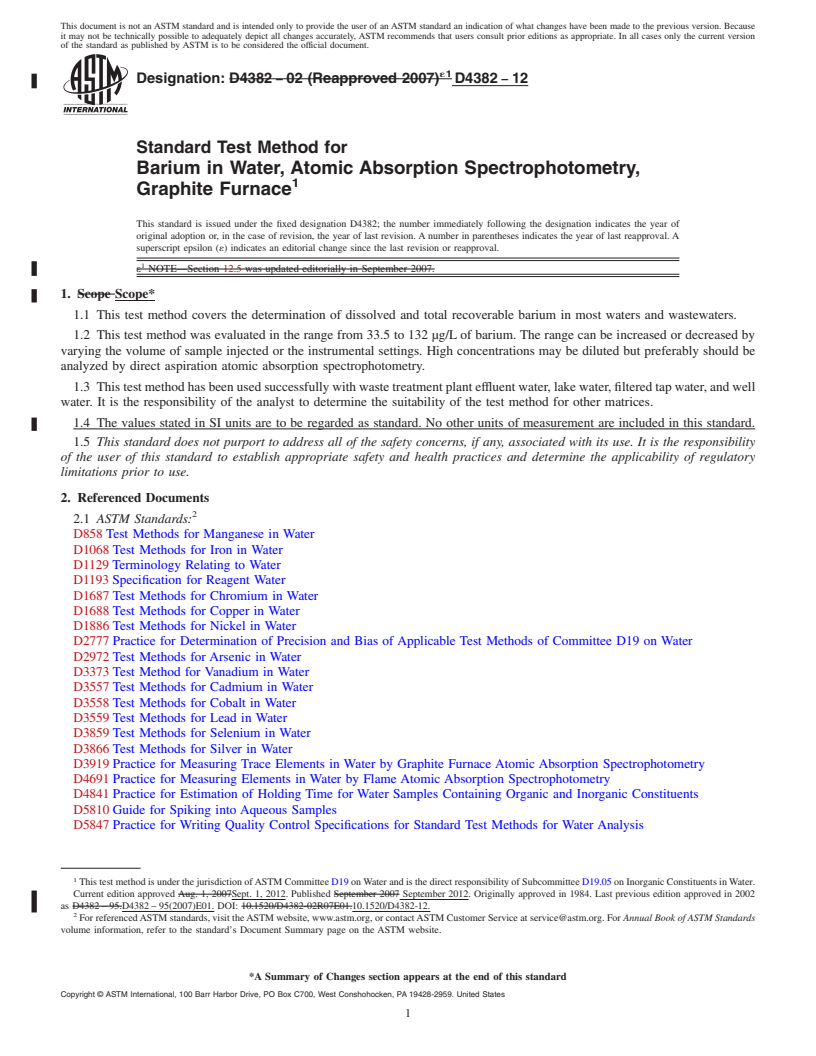 REDLINE ASTM D4382-12 - Standard Test Method for  Barium in Water, Atomic Absorption Spectrophotometry, Graphite   Furnace