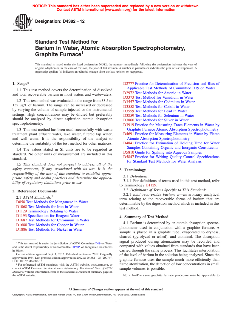 ASTM D4382-12 - Standard Test Method for  Barium in Water, Atomic Absorption Spectrophotometry, Graphite   Furnace