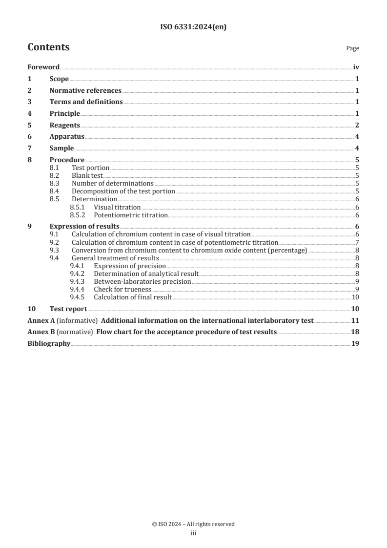 ISO 6331:2024 - Chromium ores and concentrates — Determination of chromium content — Titrimetric method
Released:11/25/2024