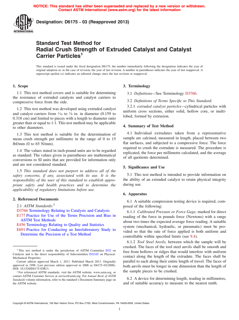 ASTM D6175-03(2013) - Standard Test Method for  Radial Crush Strength of Extruded Catalyst and Catalyst Carrier  Particles