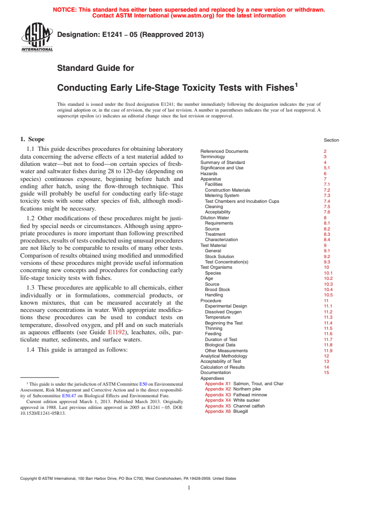 ASTM E1241-05(2013) - Standard Guide for<brk type="line"/>  Conducting Early Life-Stage Toxicity Tests with Fishes (Withdrawn 2022)