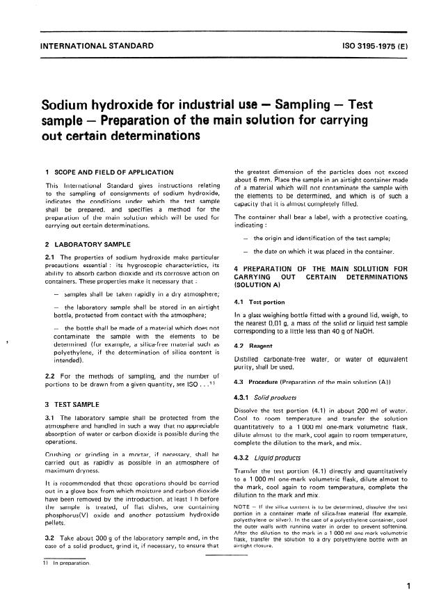 ISO 3195:1975 - Sodium hydroxide for industrial use -- Sampling -- Test Sample -- Preparation of the main solution for carrying out certain determinations