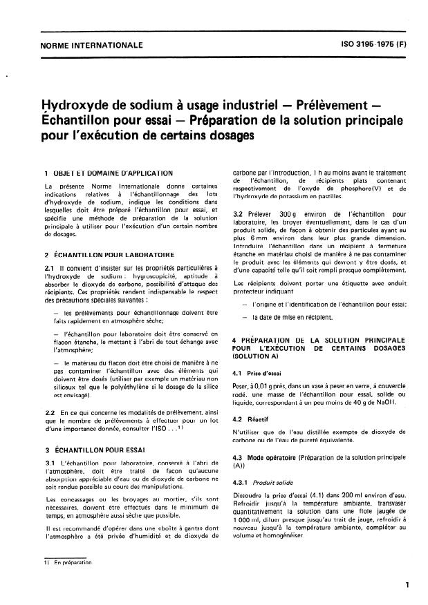 ISO 3195:1975 - Hydroxyde de sodium a usage industriel -- Prélevement -- Échantillon pour essai -- Préparation de la solution principale pour l'exécution de certains dosages
