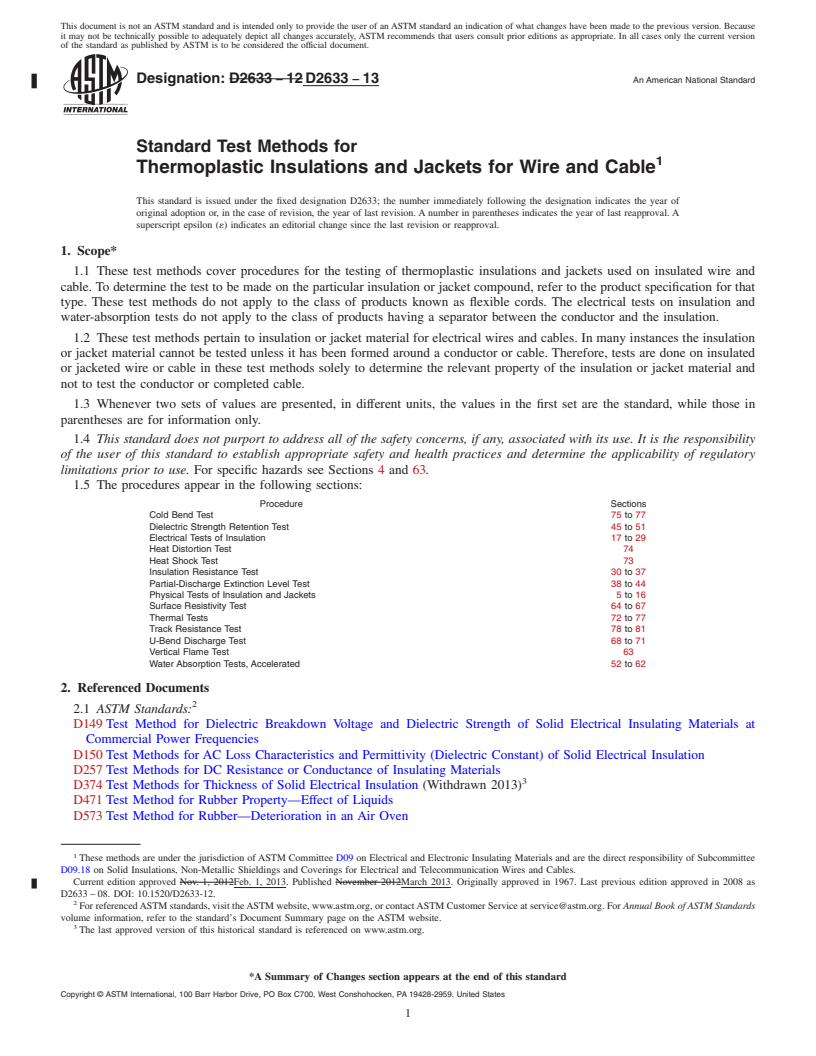 REDLINE ASTM D2633-13 - Standard Test Methods for  Thermoplastic Insulations and Jackets for Wire and Cable