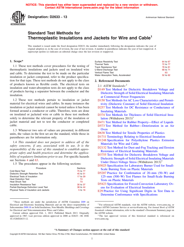 ASTM D2633-13 - Standard Test Methods for  Thermoplastic Insulations and Jackets for Wire and Cable