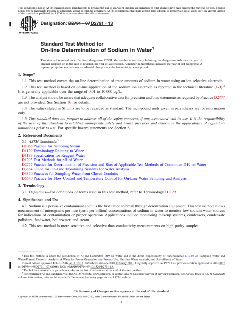 REDLINE ASTM D2791-13 - Standard Test Method for  On-line Determination of Sodium in Water