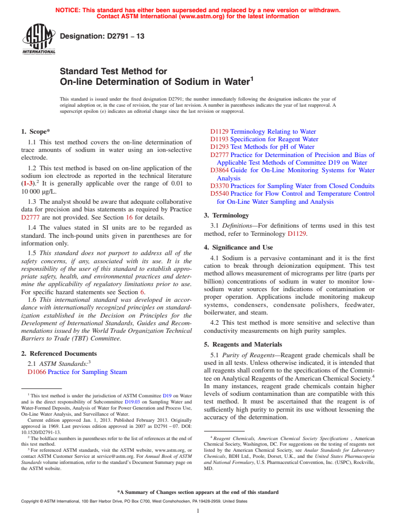 ASTM D2791-13 - Standard Test Method for  On-line Determination of Sodium in Water