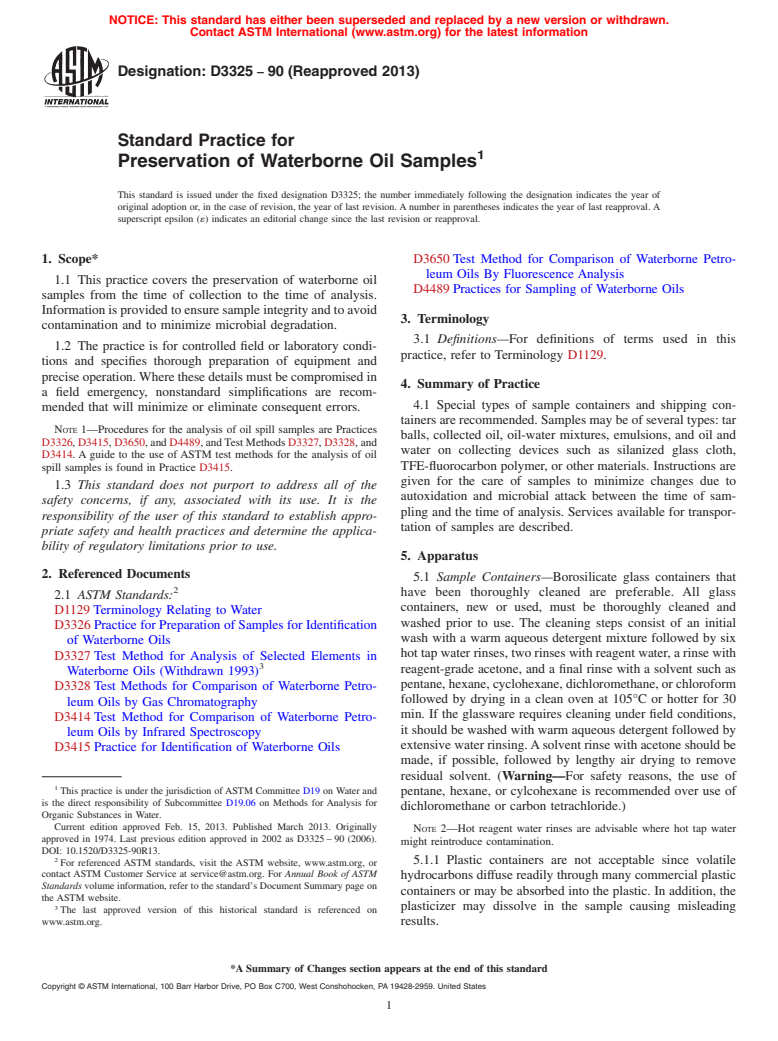 ASTM D3325-90(2013) - Standard Practice for  Preservation of Waterborne Oil Samples