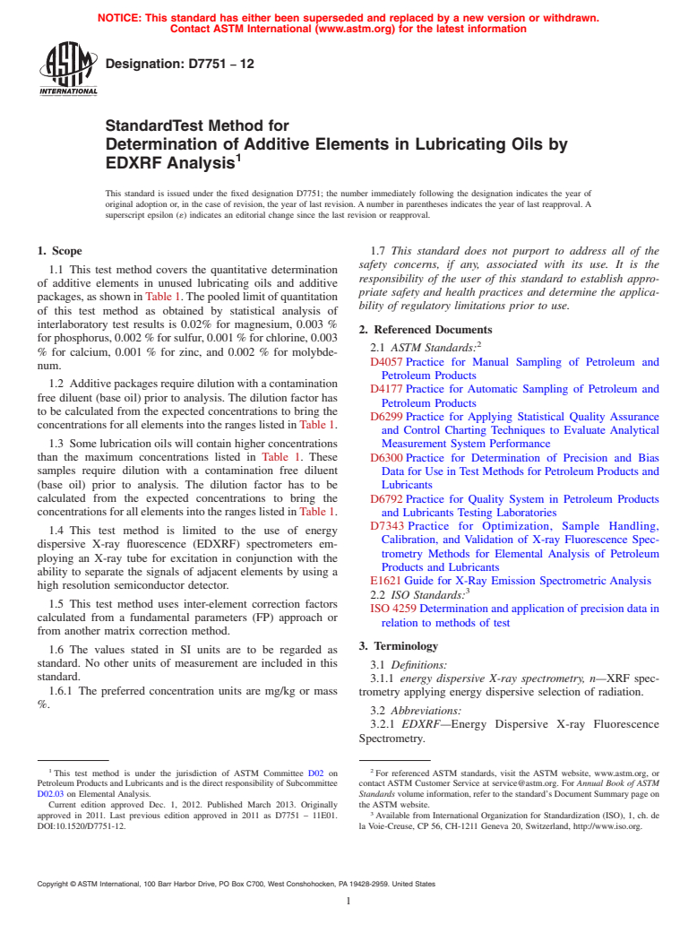 ASTM D7751-12 - Standard Test Method for Determination of Additive Elements in Lubricating Oils by EDXRF  Analysis