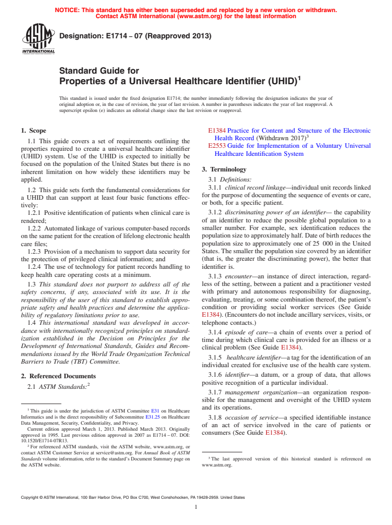 ASTM E1714-07(2013) - Standard Guide for  Properties of a Universal Healthcare Identifier (UHID) (Withdrawn 2022)