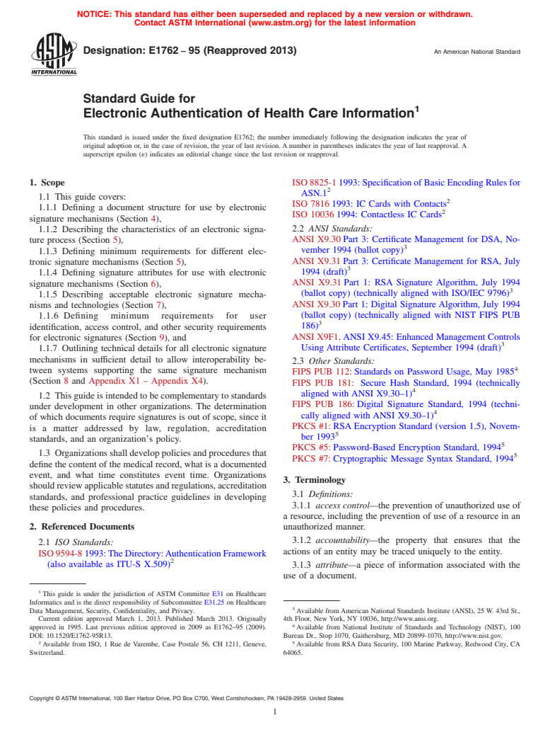 ASTM E1762-95(2013) - Standard Guide for  Electronic Authentication of Health Care Information (Withdrawn 2017)